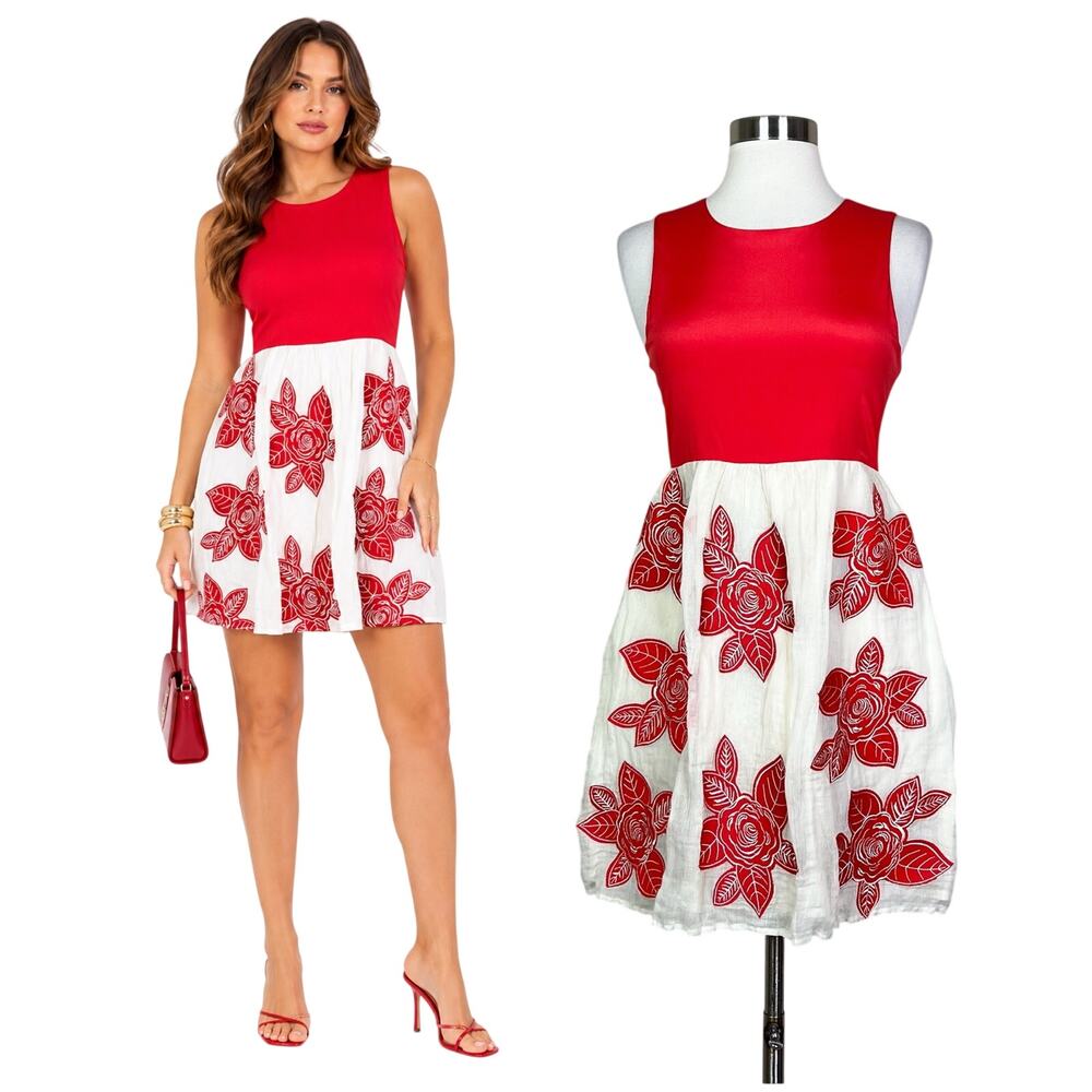 Alice + Olivia | Red Silk Floral Embroidered Fit Flare Designer Mini Dress XS/S